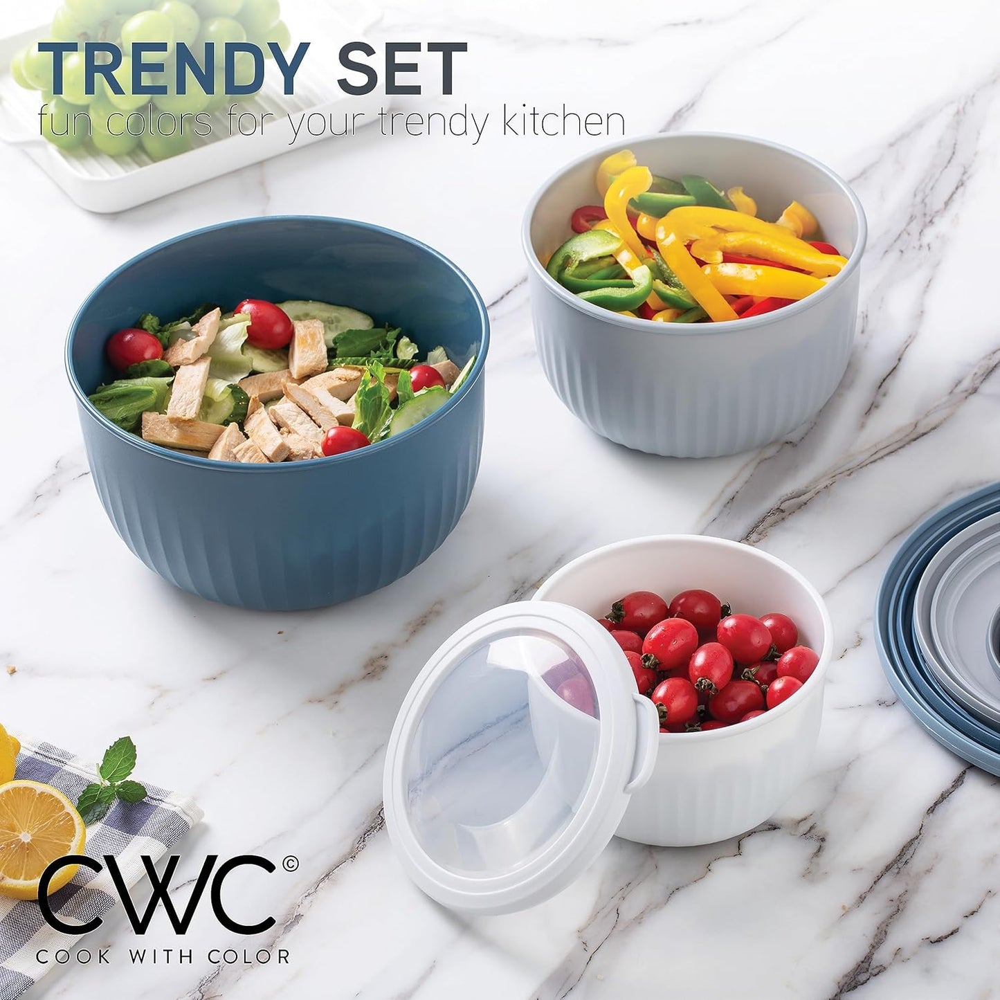 COOK WITH COLOR Prep Bowls with Lids- Wide and Deep Nesting Plastic Small Mixing Bowl Set with Lids, 8 Piece Set - Wide Bowls, Blue
