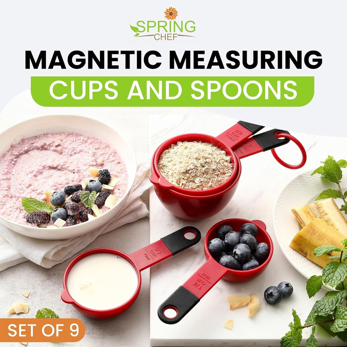 Spring Chef Magnetic Measuring Cups and Spoons Set of 9, Nesting Kitchen Tool with Easy to Read Markings for Measuring Dry or Liquid Ingredient, BPA Free, Black