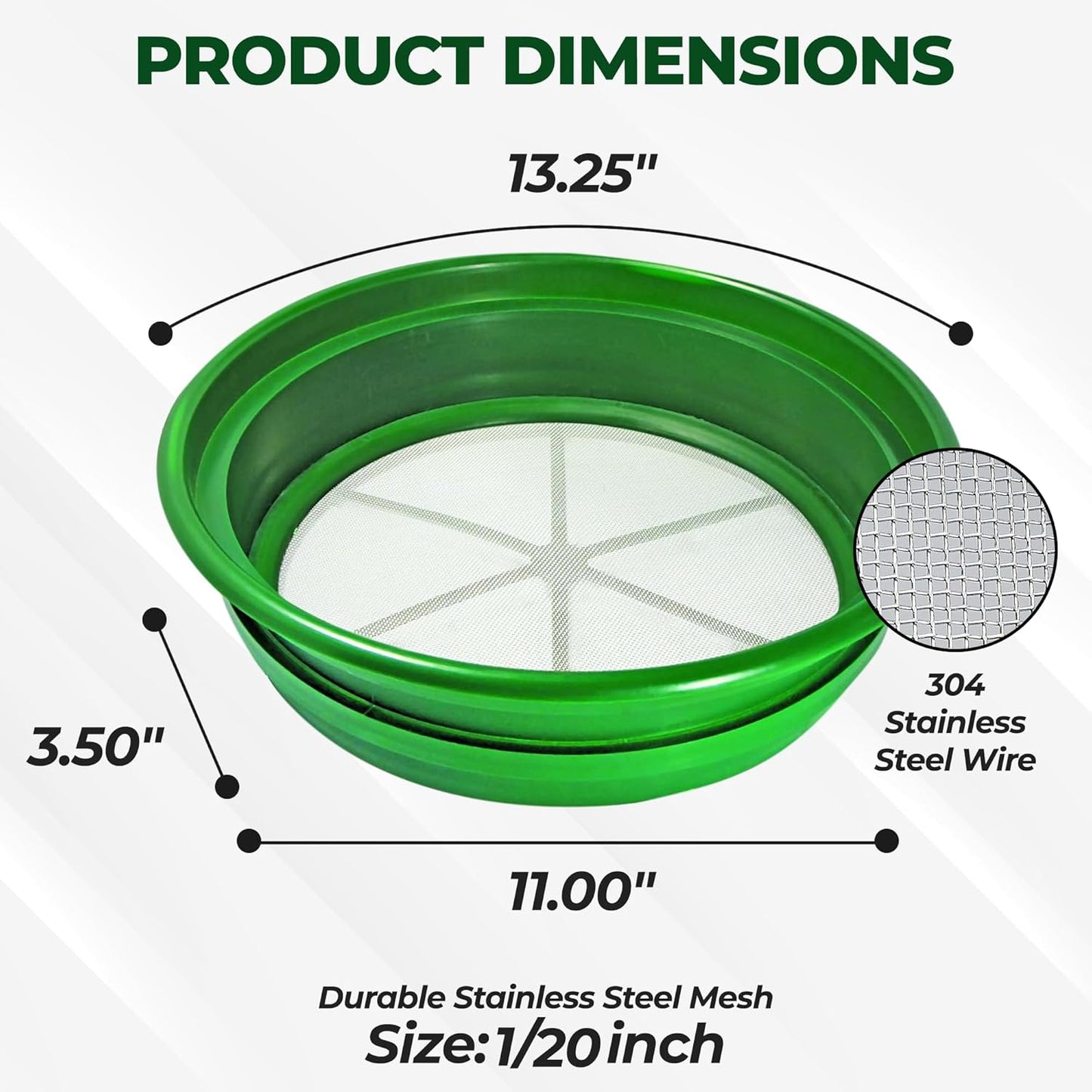SE 13.25 Inch Wide Stackable Classifier Gold Prospecting Pan - 1/8 Inch Stainless Steel Mesh Sifting Pan, Green