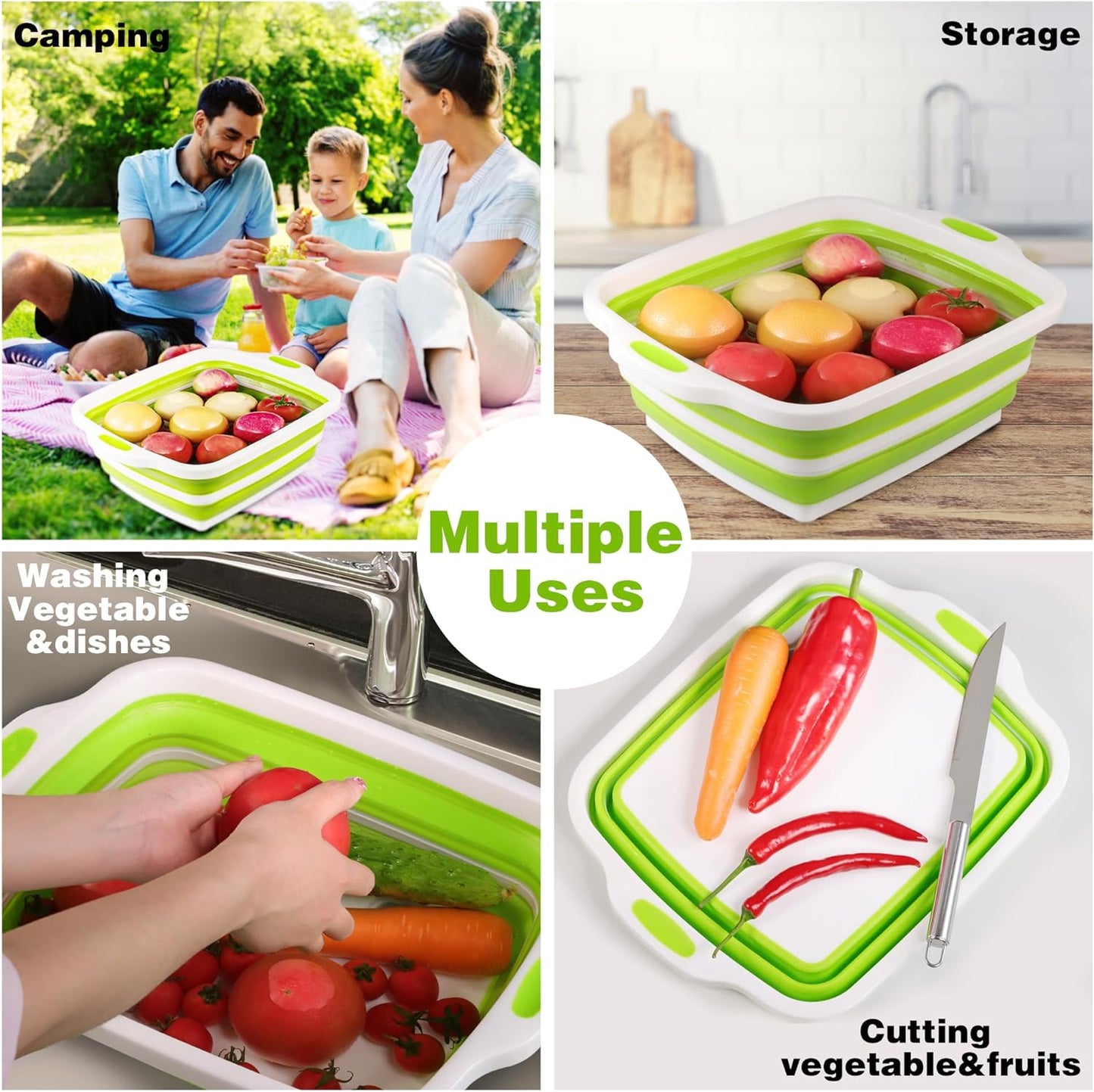 Space Saving Cutting Board, Collapsible Dish Tub with Draining Hole, Folding Chopping Board with Colander, 3 in 1 Multifunction Camping Sink for Washing Dish, Bowl, Vegetables and Fruit
