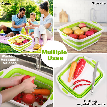 Space Saving Cutting Board, Collapsible Dish Tub with Draining Hole, Folding Chopping Board with Colander, 3 in 1 Multifunction Camping Sink for Washing Dish, Bowl, Vegetables and Fruit