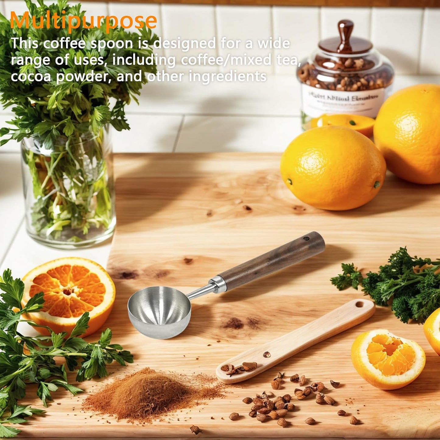 Stainless Steel Coffee Scoop with Walnut Handle - 2 Tablespoon Metal Measuring Spoon for ground Coffee, Espresso, Bath Salts, Formula - Durable Multi-Purpose Scooper (Silvery)