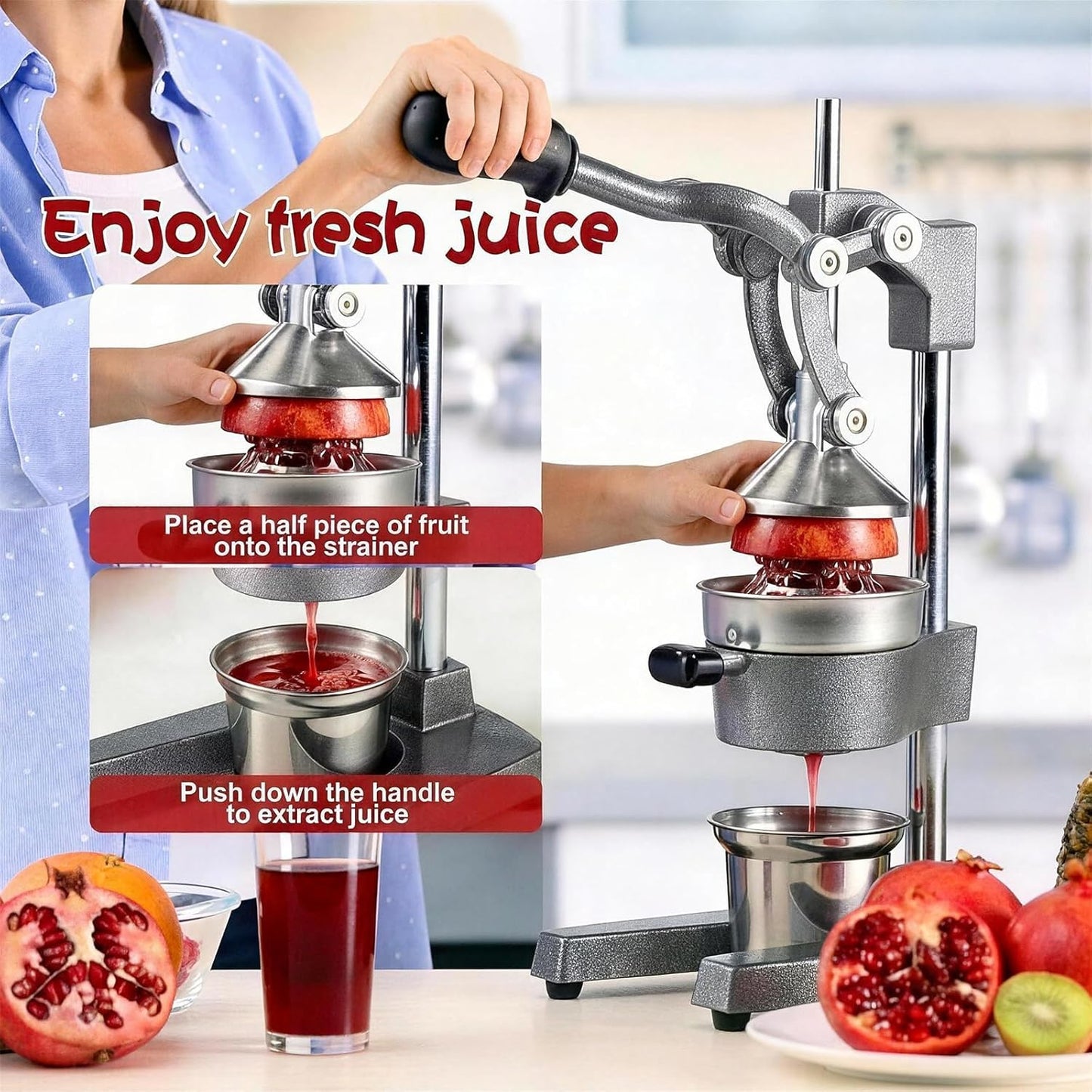 Cast Iron Citrus Juicer Hand Press, Heavy Duty Manual Orange Juicer Squeezer with 304 Stainless Steel Cup & Strainer, Lemon Grapefruit Pomegranate Press, Grey