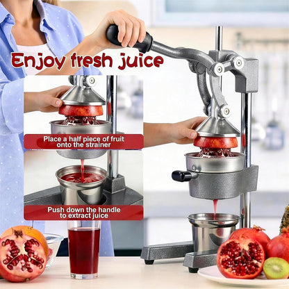 Cast Iron Citrus Juicer Hand Press, Heavy Duty Manual Orange Juicer Squeezer with 304 Stainless Steel Cup & Strainer, Lemon Grapefruit Pomegranate Press, Grey