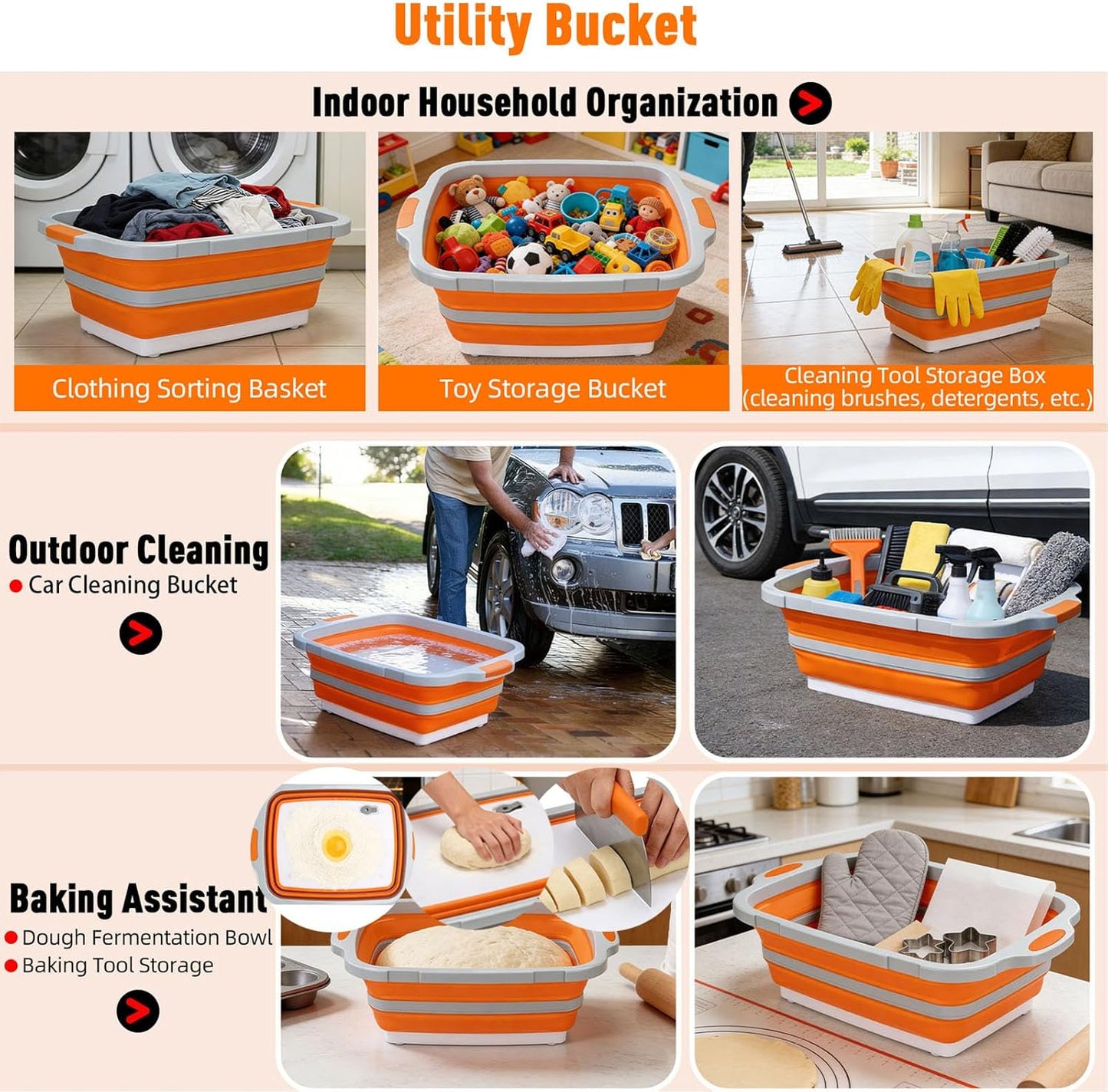 8L Collapsible BBQ Prep Tub with Locking Lid Cutting Board for Marinating Food Storage - Portable Wash Basin Colander for Kitchen Camping Sink - Foldable Bucket for Household Baking Picnic Tailgate