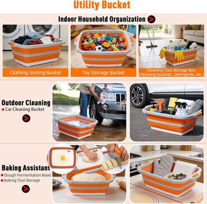 8L Collapsible BBQ Prep Tub with Locking Lid Cutting Board for Marinating Food Storage - Portable Wash Basin Colander for Kitchen Camping Sink - Foldable Bucket for Household Baking Picnic Tailgate