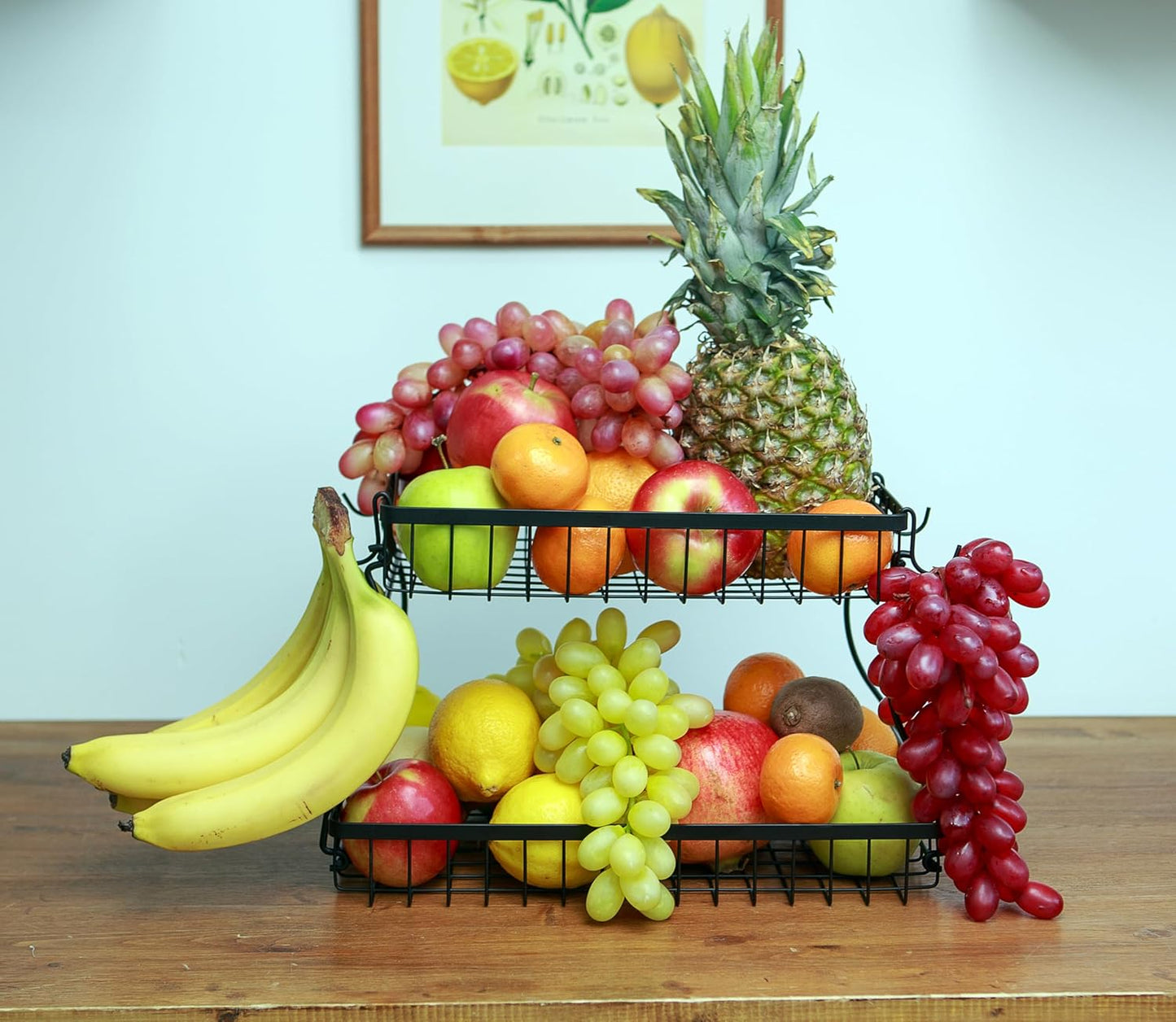 2 Tier Fruit Basket with Banana Hanger & Utensil Pocket – Metal Kitchen Counter Organizer for Fruits, Vegetables, Bread & Snacks + 3 Tools (Apple Corer, Banana Slicer, Peeler) – Perfect for Kitchen