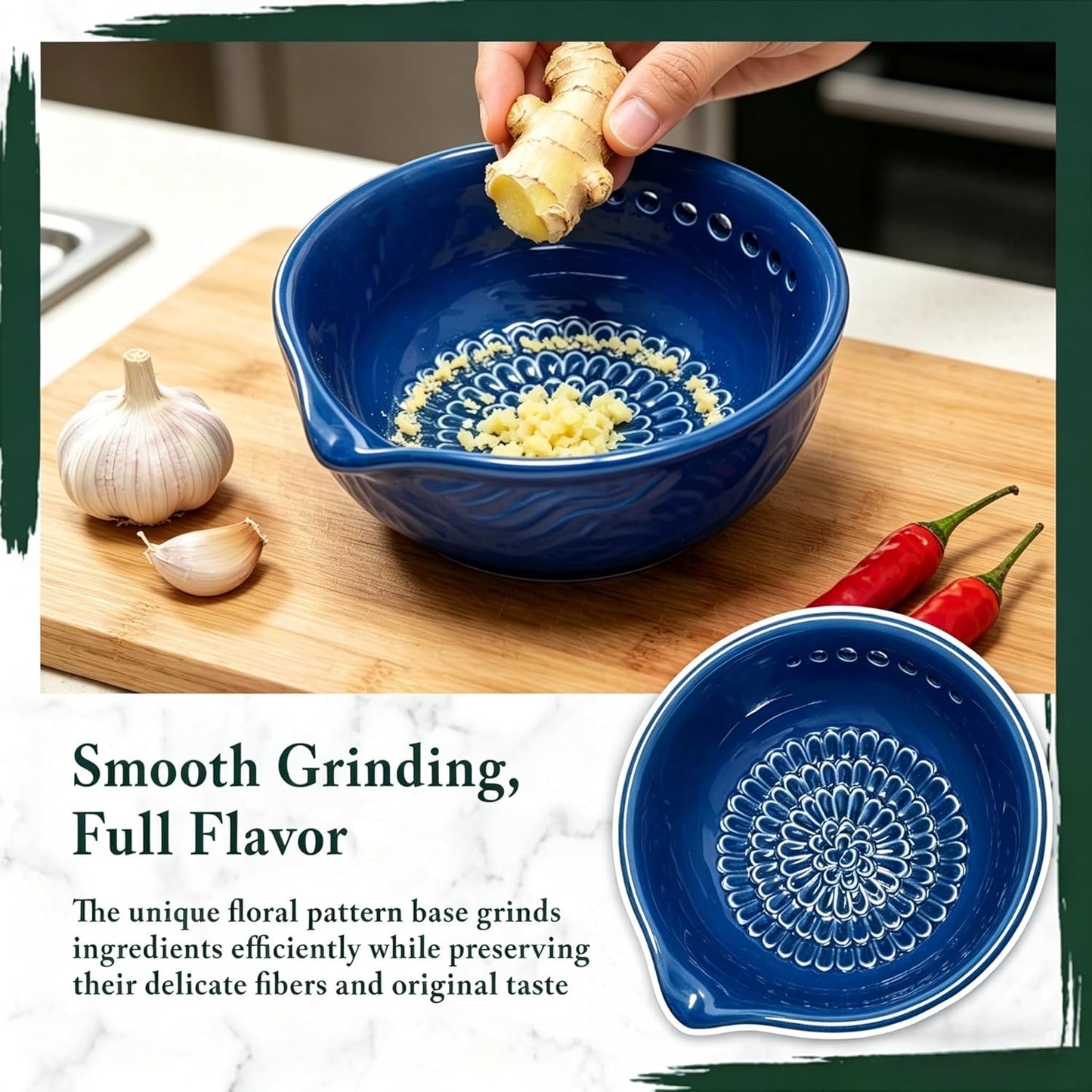 Ceramic Grater Bowl with Herb Stripper & Cleaning Brush, 3-in-1 Kitchen Tool for Garlic, Ginger & Vegetables, Easy to Clean Stripping Bowl for Kale, Rosemary, Thyme, and Basil, Dishwasher Safe-Green