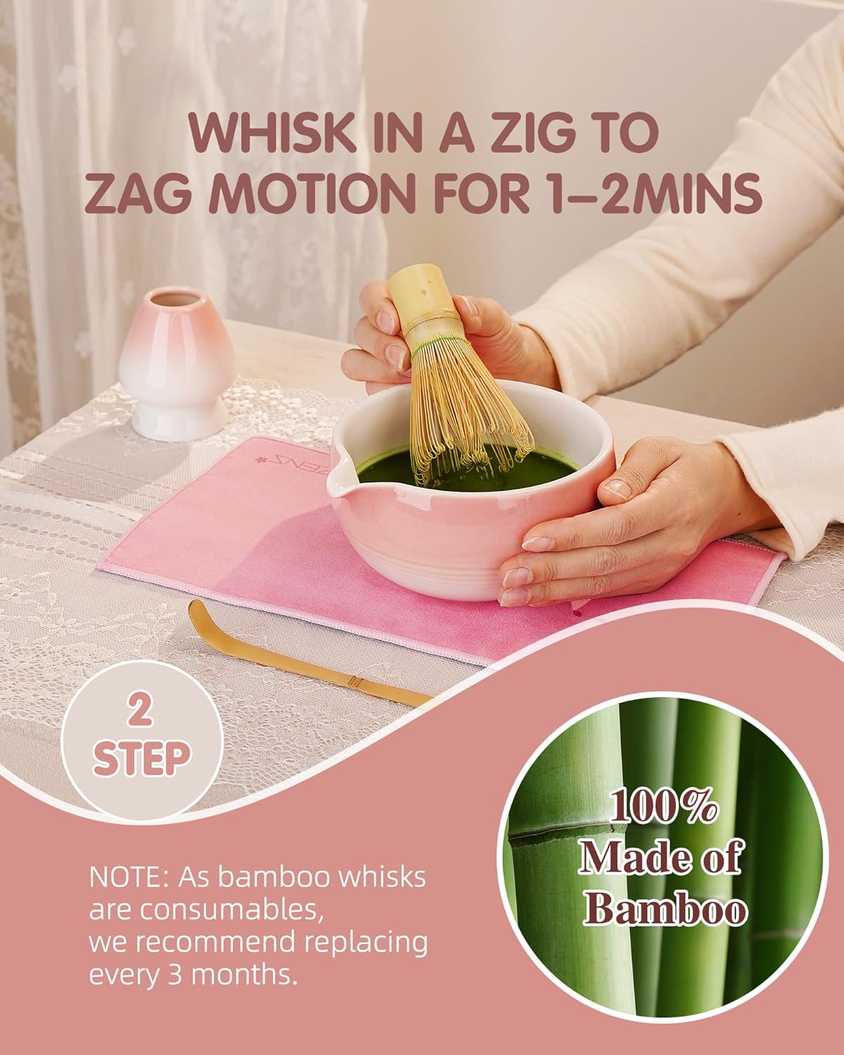 ZENS Pink Matcha Set, Matcha Whisk Set Includes 15oz Ceramic Bowl & (Chasen Holder), Bamboo Whisk & Scoop, Sifter and Pink Tea Towel, 6pcs Matcha Kit for Matcha Lovers