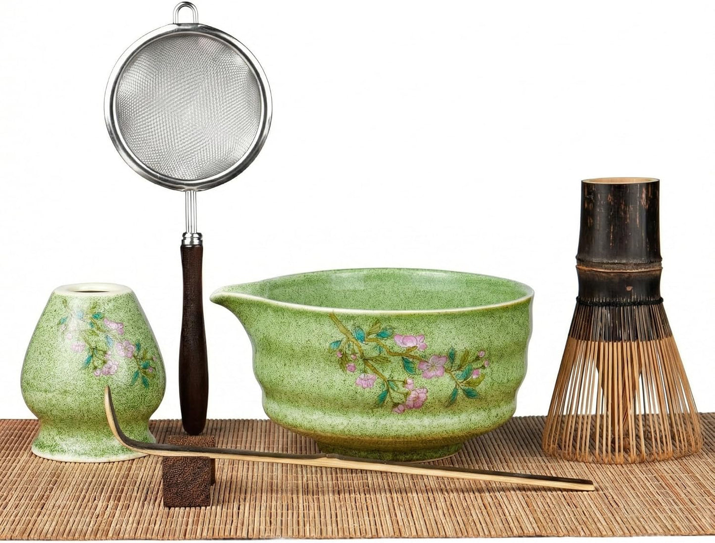 Matcha Whisk Set 7-Piece with Handmade Matcha Bowl & 100-Prong Purple Bamboo Whisk (Chasen), Complete Matcha Kit with Holder, Scoop & Rest, Bamboo Tea Mat, Gift-Ready Matcha Set