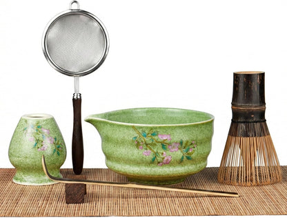 Matcha Whisk Set 7-Piece with Handmade Matcha Bowl & 100-Prong Purple Bamboo Whisk (Chasen), Complete Matcha Kit with Holder, Scoop & Rest, Bamboo Tea Mat, Gift-Ready Matcha Set