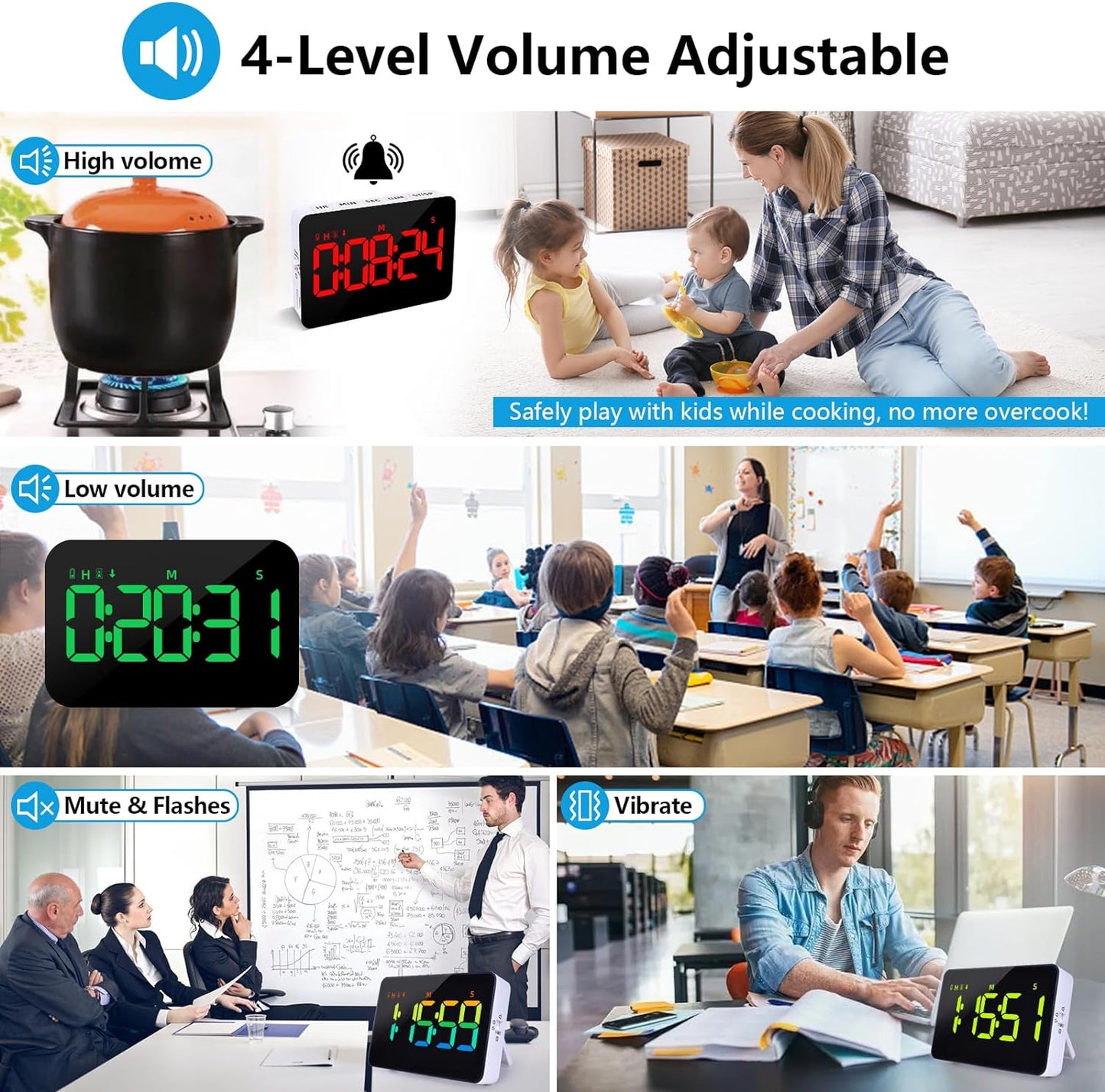 Rechargeable Digital Kitchen Timer for Cooking, Magnetic Timers with Countdown/up, Kids Timer with 5”LED Display 3 Brightness 4 Volume Adjustable for Classroom/Office/Home/Work/Study/Fitness/Game