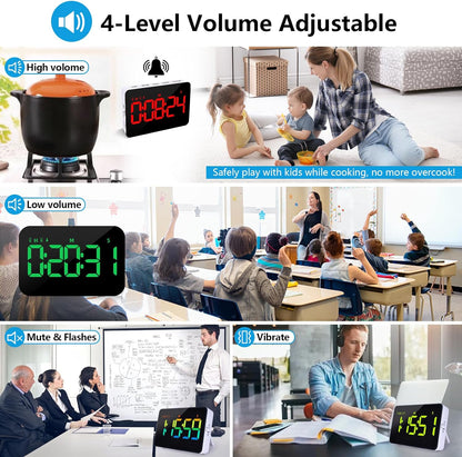 Rechargeable Digital Kitchen Timer for Cooking, Magnetic Timers with Countdown/up, Kids Timer with 5”LED Display 3 Brightness 4 Volume Adjustable for Classroom/Office/Home/Work/Study/Fitness/Game