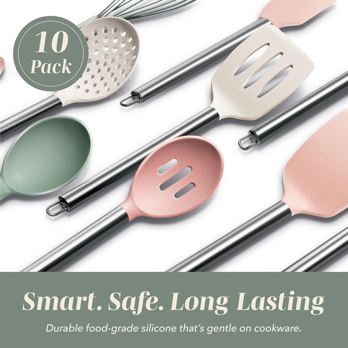 COOK WITH COLOR Silicone Cooking Utensils, Kitchen Utensil Set, Easy to Clean Silicone Kitchen Utensils, Cooking Utensils for Nonstick Cookware, Kitchen Gadgets Set, 10 Pieces, Green