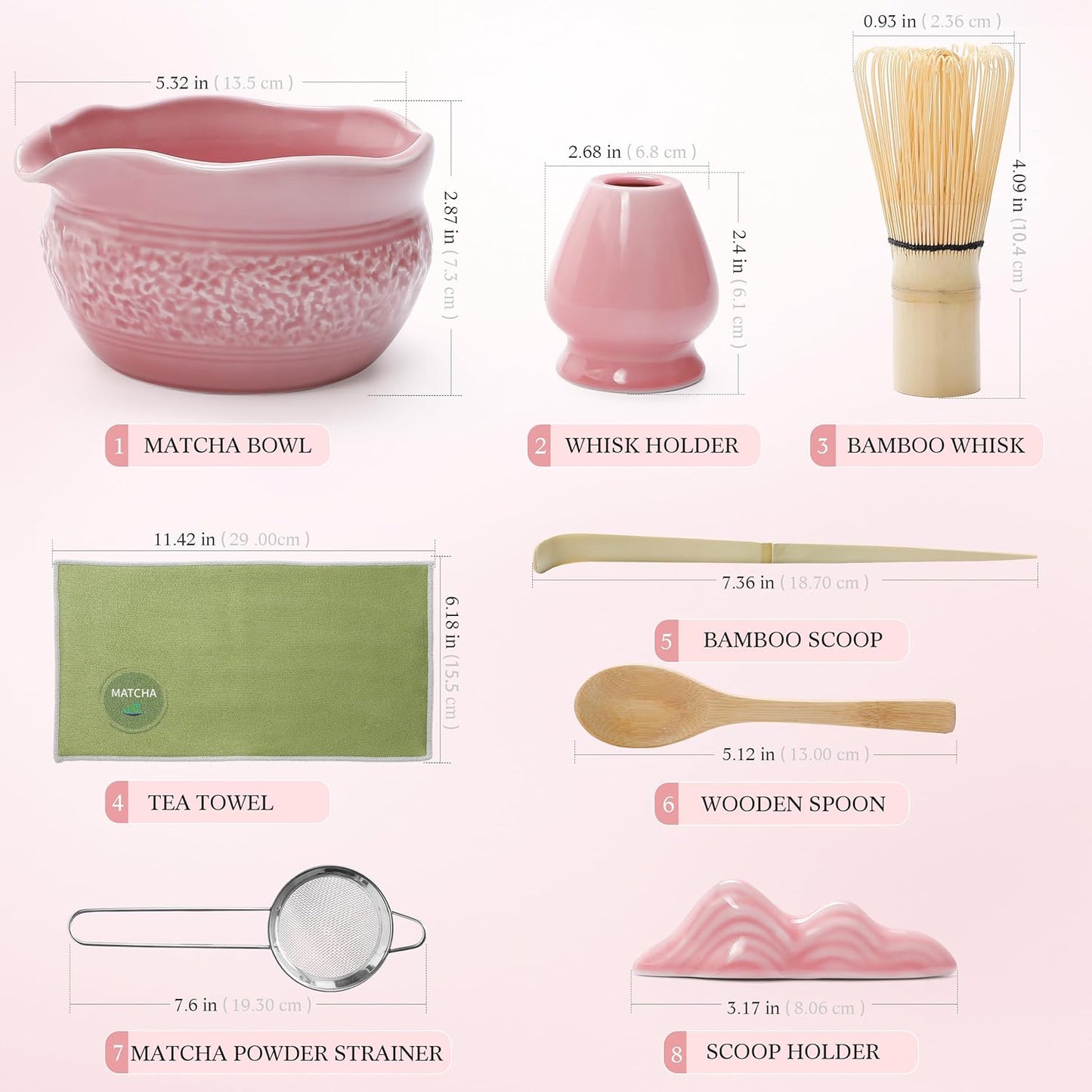 Pink Matcha Set, 8 Pcs Complete Ceramic Matcha Making Kit with Bowl, Bamboo Whisk & Holder, Stainless Sifter, Tea Towel, Scoop & Scoop Rest