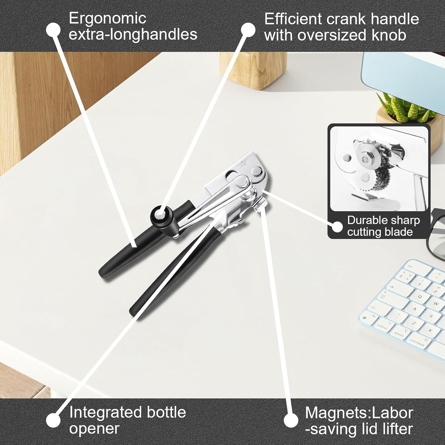 Commercial Can Opener Manual, RICKUNCL Heavy Duty Can opener with Magnet, Stainless Steel Handheld Can Opener with Folding Easy Crank Handle Oversized Knob for Big Cans and All Size Cans