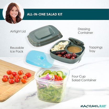 Rachael Ray Salad Container For Lunch, Salad Lunch Container For Adults, Salad Bowl Kit With Compartments For Salad Dressing & Toppings, Includes Ice Pack