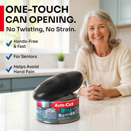 MUELLER HOME SmoothEdge Auto Electric Can Opener – Battery‑Operated One‑Touch w Magnet Lid Lifter – Portable Hands‑Free Automatic Can Openers for Seniors & Arthritis, Smooth‑Edge Cut Technology, Black