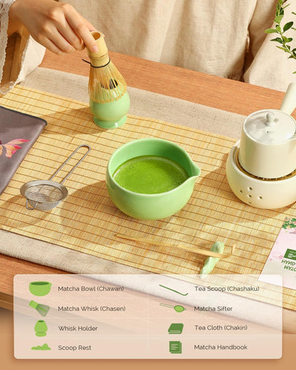Maestri House Matcha Whisk Set, 7-Pc Complete Matcha Kit with Spouted Ceramic Bowl, Bamboo Whisk and Holder, Scoop, Spoon Rest & Sifter, Tea Cloth – Ideal Gift for Matcha Lovers (Green)
