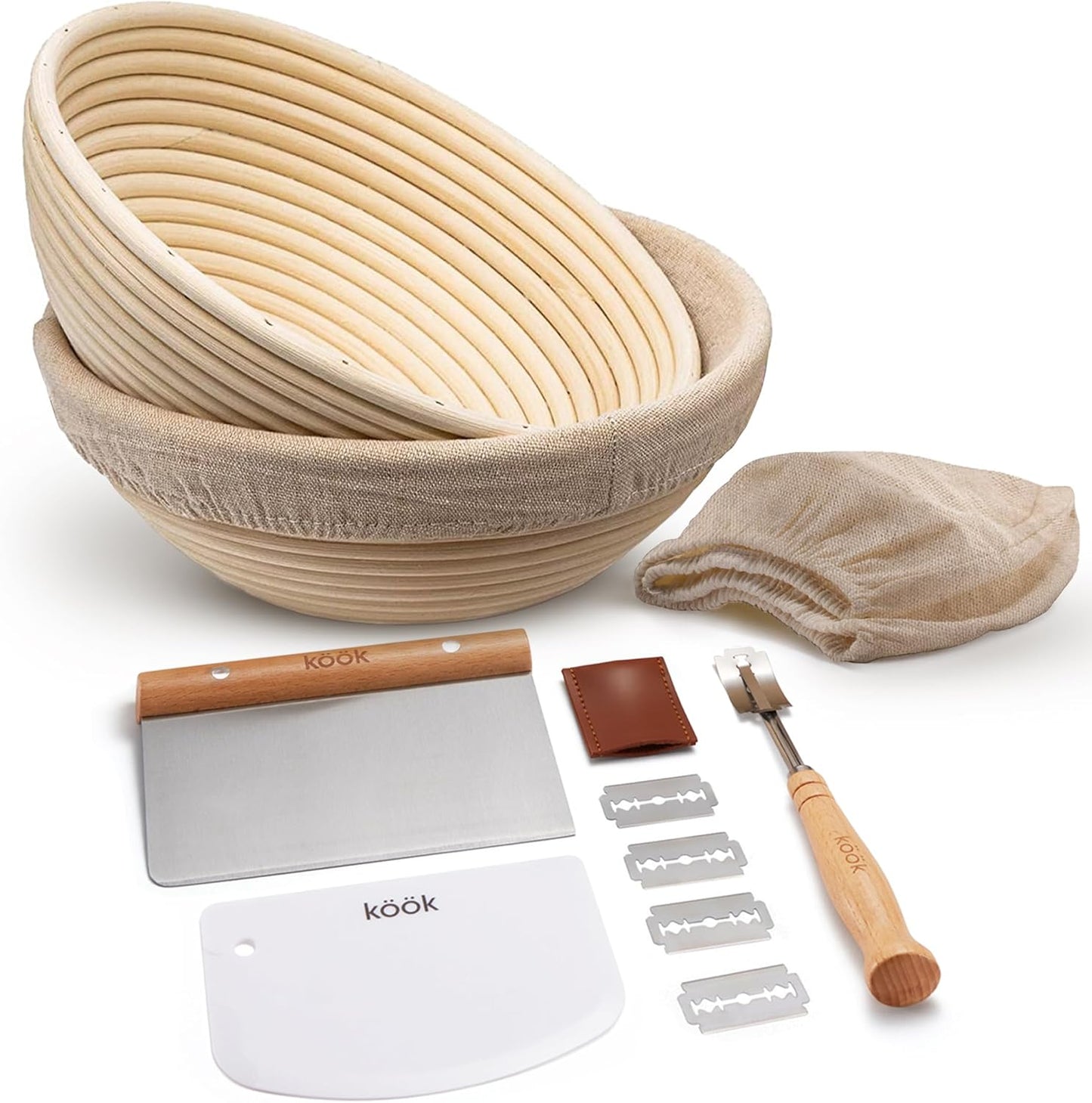 Kook Banneton Bread Proofing Set, Artisan Sourdough Bread Making Kit with Round & Oval Rattan Baskets, Liners, Dough Scrapers, Scoring Lame + Blades, Brush & Dough Cover (Set of 2)