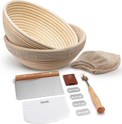 Kook Banneton Bread Proofing Set, Artisan Sourdough Bread Making Kit with Round & Oval Rattan Baskets, Liners, Dough Scrapers, Scoring Lame + Blades, Brush & Dough Cover (Set of 2)