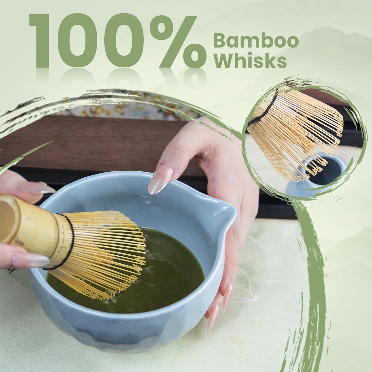Matcha Whisk Set – Ceramic Matcha Bowl with Pour Spout, Bamboo Whisk, Whisk Holder, Scoop, Sifter – Japanese Matcha Kit for Beginners (Blue)