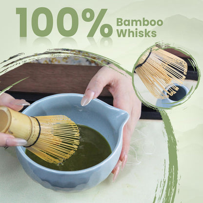 Matcha Whisk Set – Ceramic Matcha Bowl with Pour Spout, Bamboo Whisk, Whisk Holder, Scoop, Sifter – Japanese Matcha Kit for Beginners (Blue)