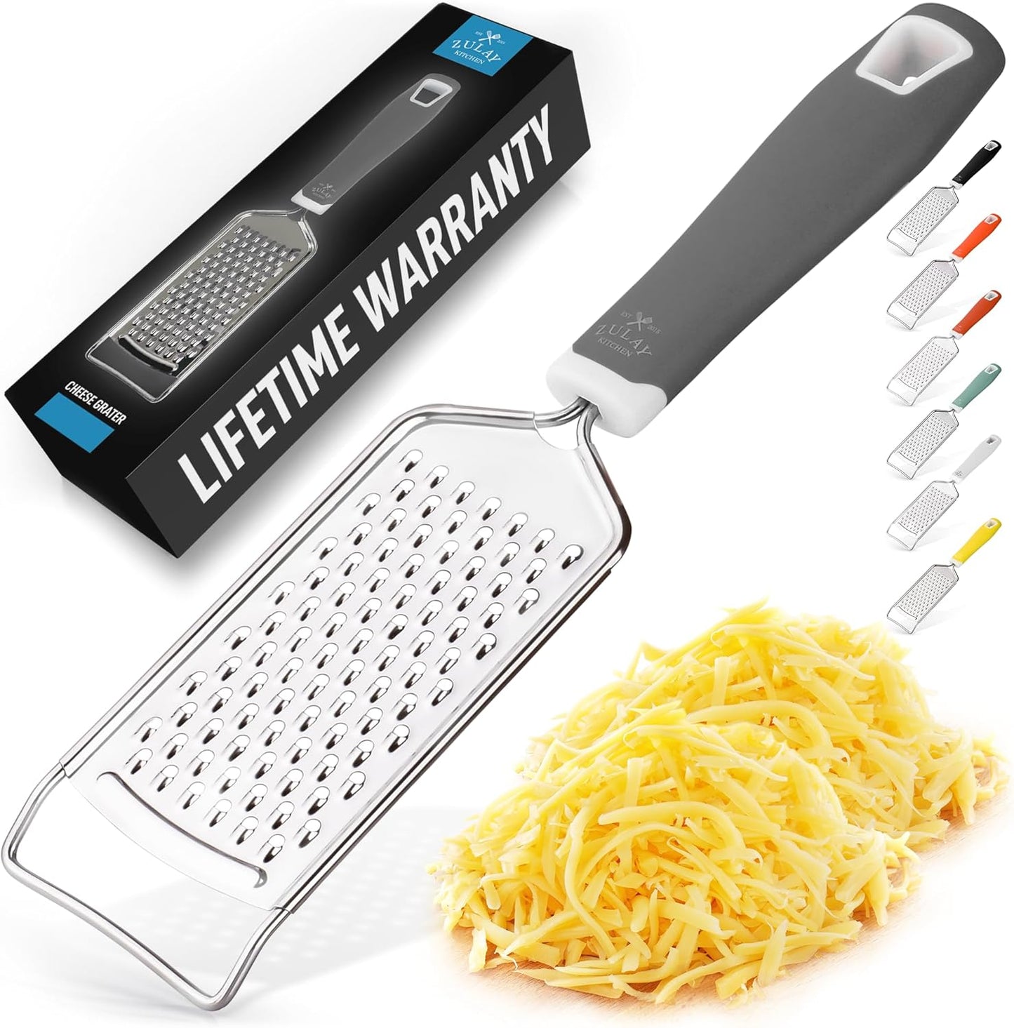 Zulay Kitchen Professional Cheese Grater Stainless Steel - Durable Rust-Proof Metal Lemon Zester Grater With Handle - Flat Handheld Grater For Cheese, Chocolate, Spices, And More - White