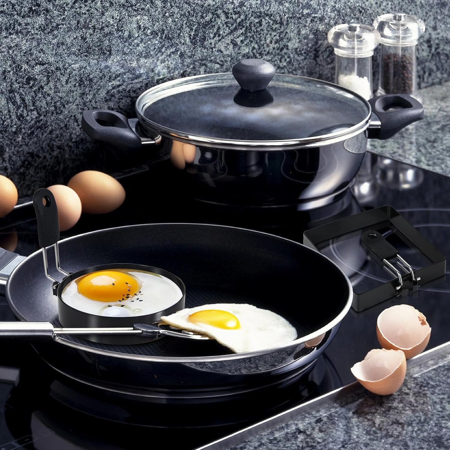 3.5'' Egg Rings with Silicone Handle, Stainless Steel Egg Cooking Rings，Nonstick，For Frying Eggs and English Muffins Pancake, Egg Mold Shaper For Breakfast