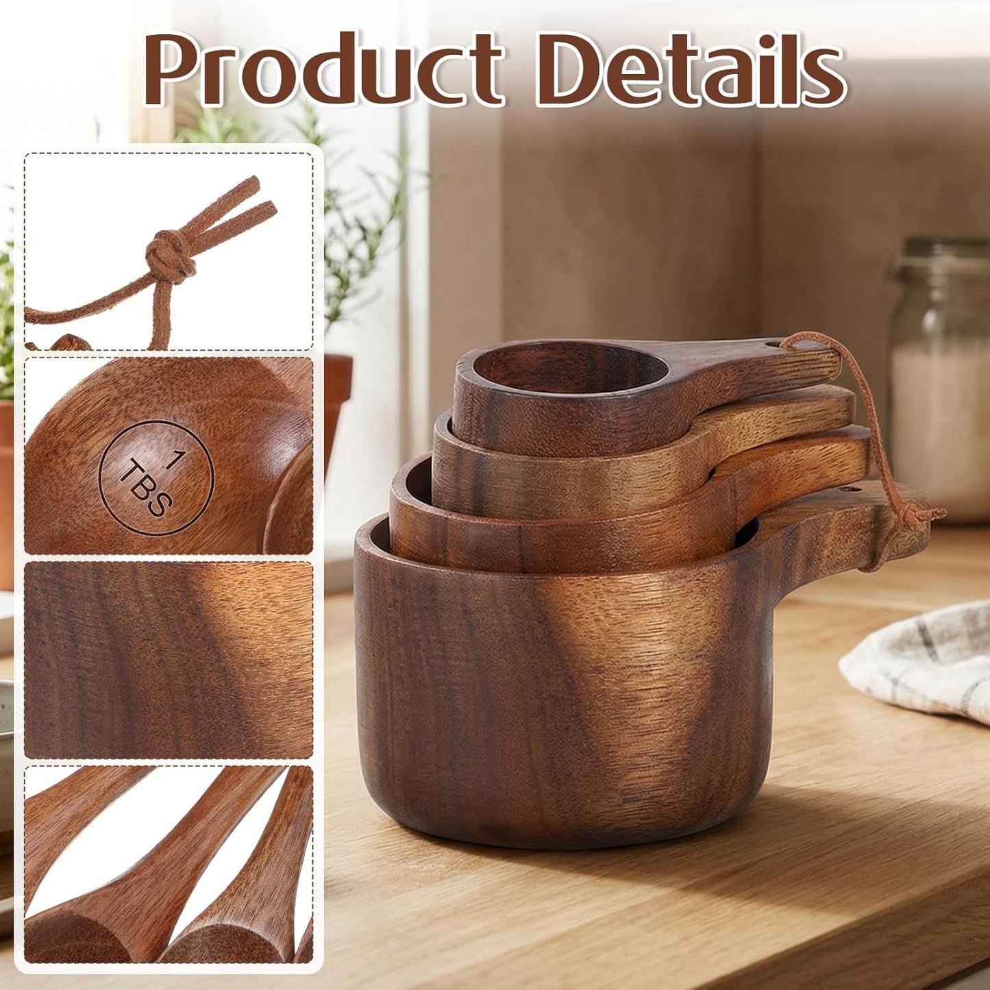 8 Pcs Wooden Measuring Cups And Spoons Set, Solid Acacia Wood, Laser Engraved Measurements, Nesting Design, Kitchen Accessories for Dry Ingredients, Baking and Cooking