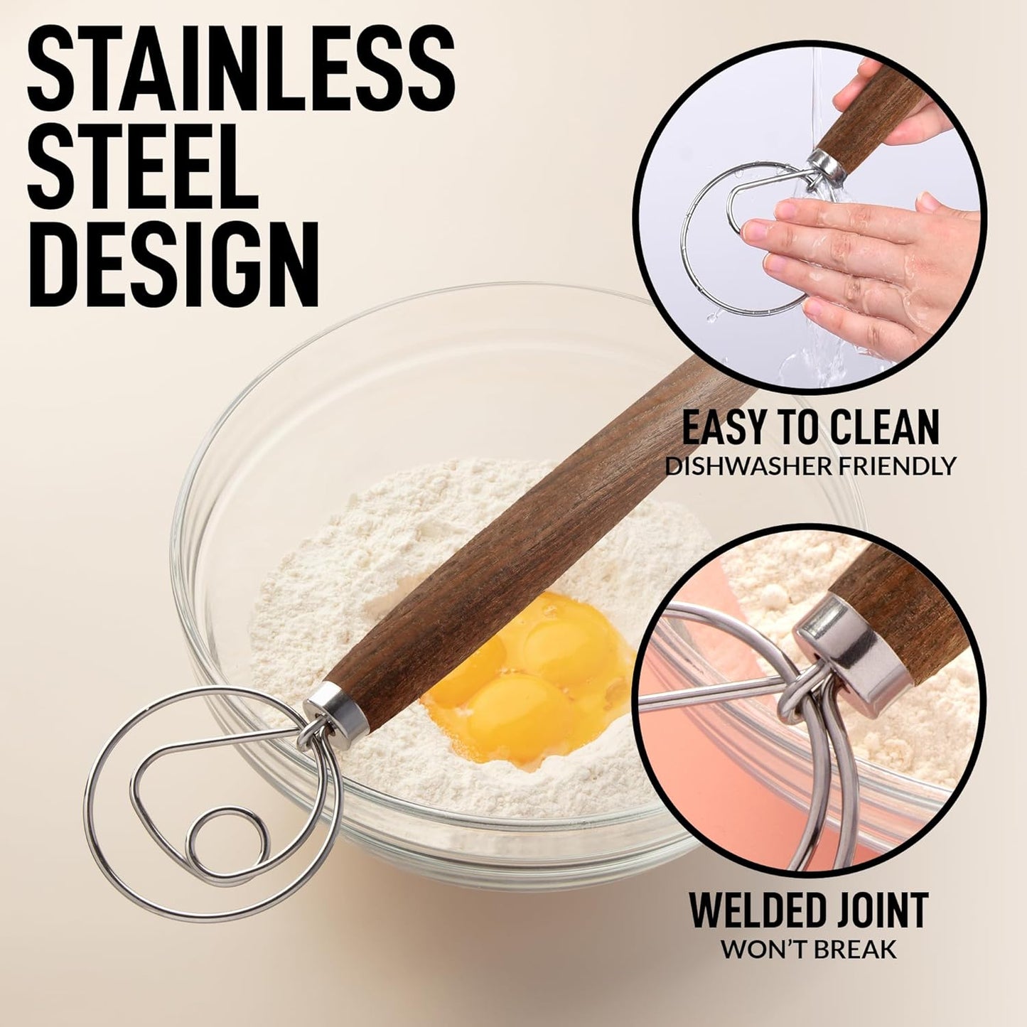 Zulay Kitchen 13-Inch Danish Dough Whisk - Stainless Steel Wooden Whisk with Dough Hook - Sourdough Whisk for Bread, Pizza, Pastry, Cake Batter & More - Wood
