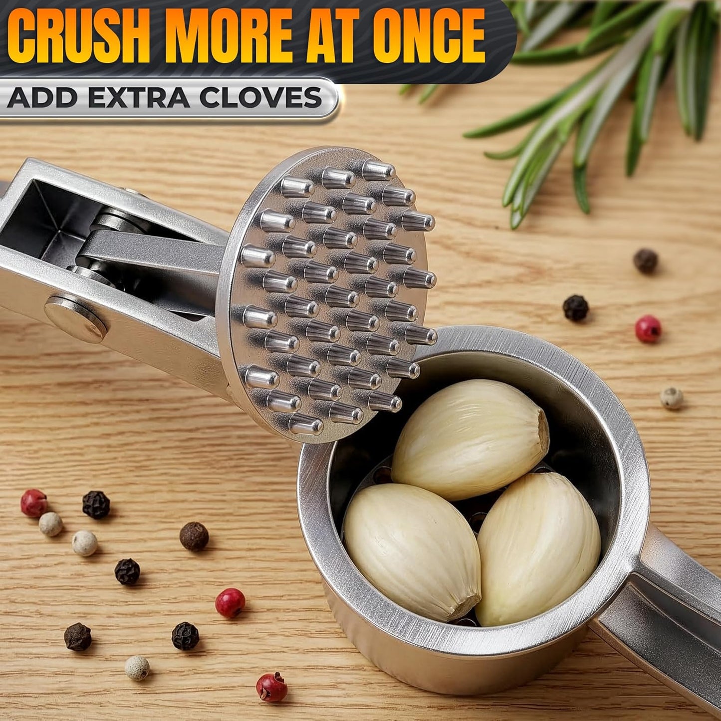Stainless Steel Garlic Press - Ginger Mincer with 37 Built-In Studs for Maximum Extraction, for Garlic, Ginger and Soft Nuts - Ergonomic Handle, Dishwasher Safe and Rust-Resistant, No Peel Needed