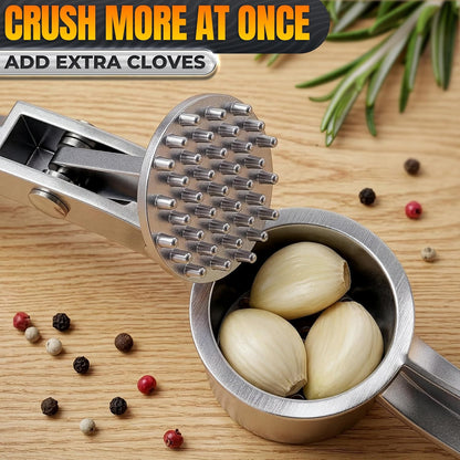 Stainless Steel Garlic Press - Ginger Mincer with 37 Built-In Studs for Maximum Extraction, for Garlic, Ginger and Soft Nuts - Ergonomic Handle, Dishwasher Safe and Rust-Resistant, No Peel Needed