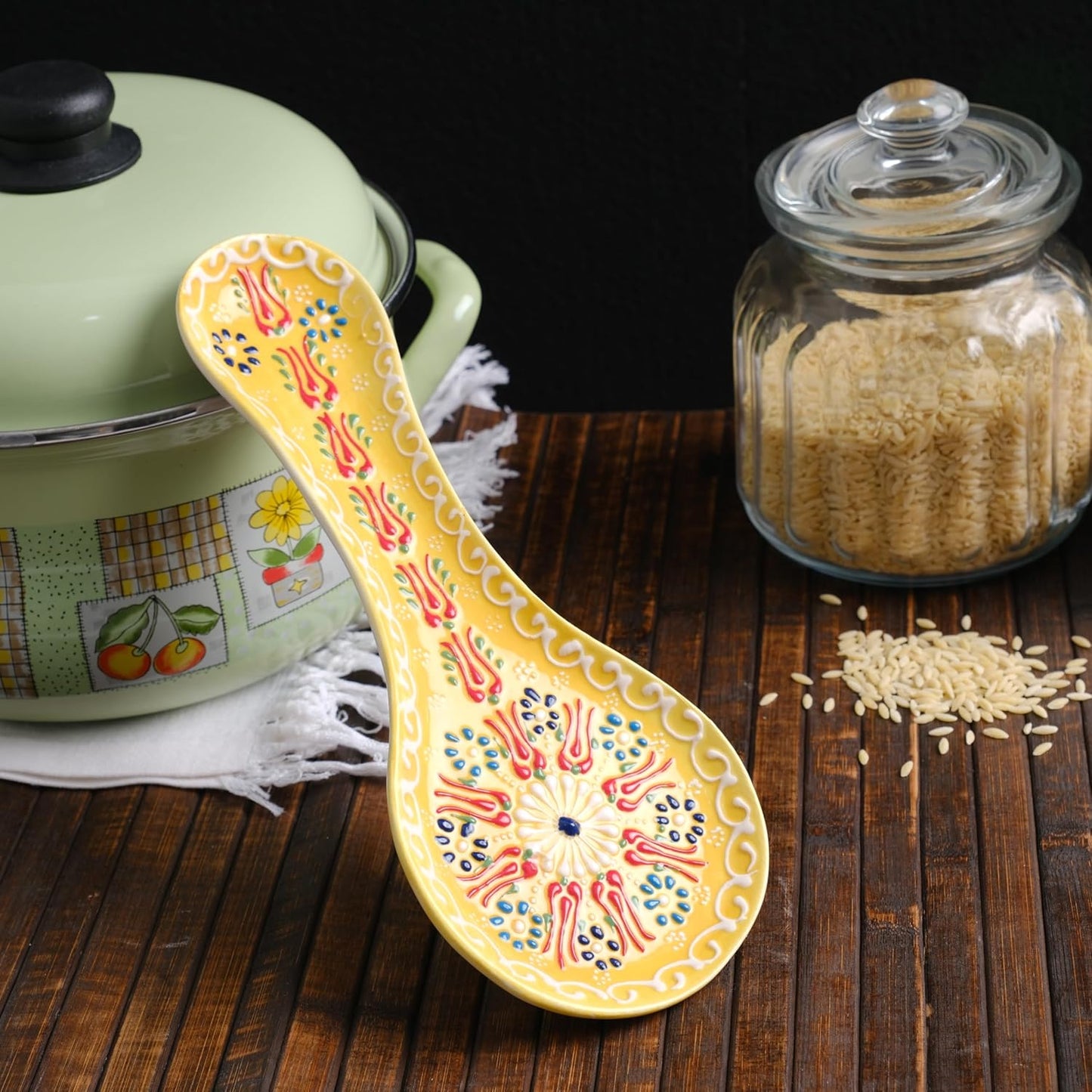 Handmade Spoon Rest, Ceramic Spoon Rest for Stove Top, 10" Spoon Rest for Kitchen Counter, Dishwasher Safe Spoon Holder for Stove, Housewarming Gifts Utensil Rest, Colorful Spoon Rests (Black)