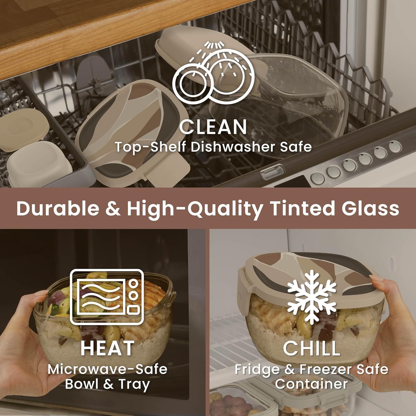 Bentgo Glass Prints Salad Container - 7.6-Cup Tinted Glass Salad Bowl with Airtight Lid, Leak-Proof Sauce Container, 4-Compartment Bento Meal Prep Tray & Reusable Fork (Floral Maximalist - Sea)