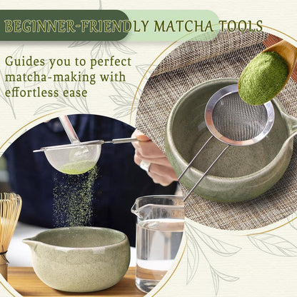 8 Pcs Matcha Whisk Set Chasen Matcha Whisk Bamboo Bowl with Spout Sifter Spoon Scoop Whisk Holder Bamboo Mat Complete Matcha Making Kit (Red Petal)