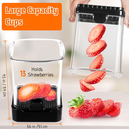 Fruit Slicer Cup for Strawberry, Banana, Hard-Boiled Egg - Detachable Cutter with Push Plate - 304 Stainless Steel Blade - Rapid & Safe Slicing Kitchen Gadget for Quick Meal Prep (Black)