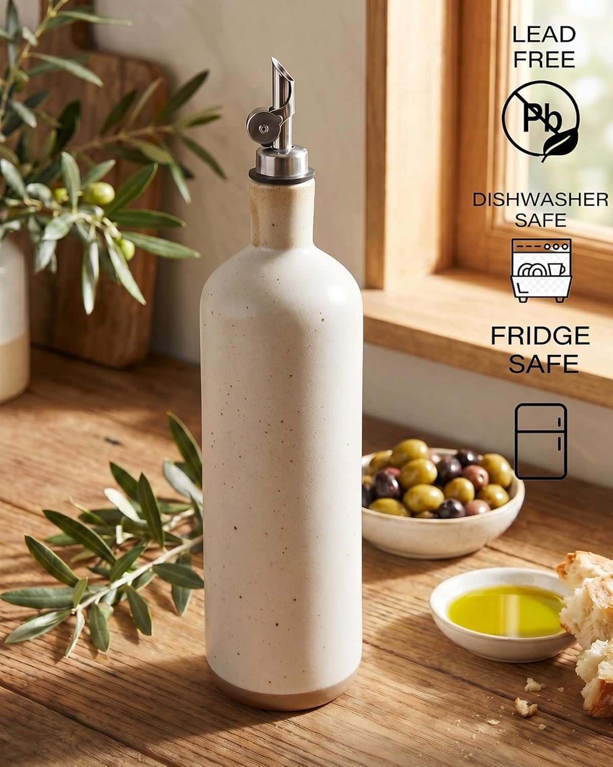 17 oz Ceramic Olive Oil Bottle Dispenser for kitchen with Stainless Automatic Spout, Stoneware 500ml Oil, Vinegar, Soy Sauce, Coffee Syrup, and Liquids container - Deep Gray-Blue
