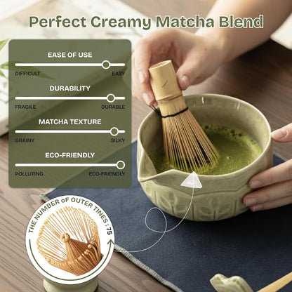 8-Piece Matcha Whisk Set with Bowl, Bamboo Matcha Whisk, Whisk Holder, Scoop & Sifter, Traditional Matcha Kit for Ceremonial Matcha Tea & Lattes, Green
