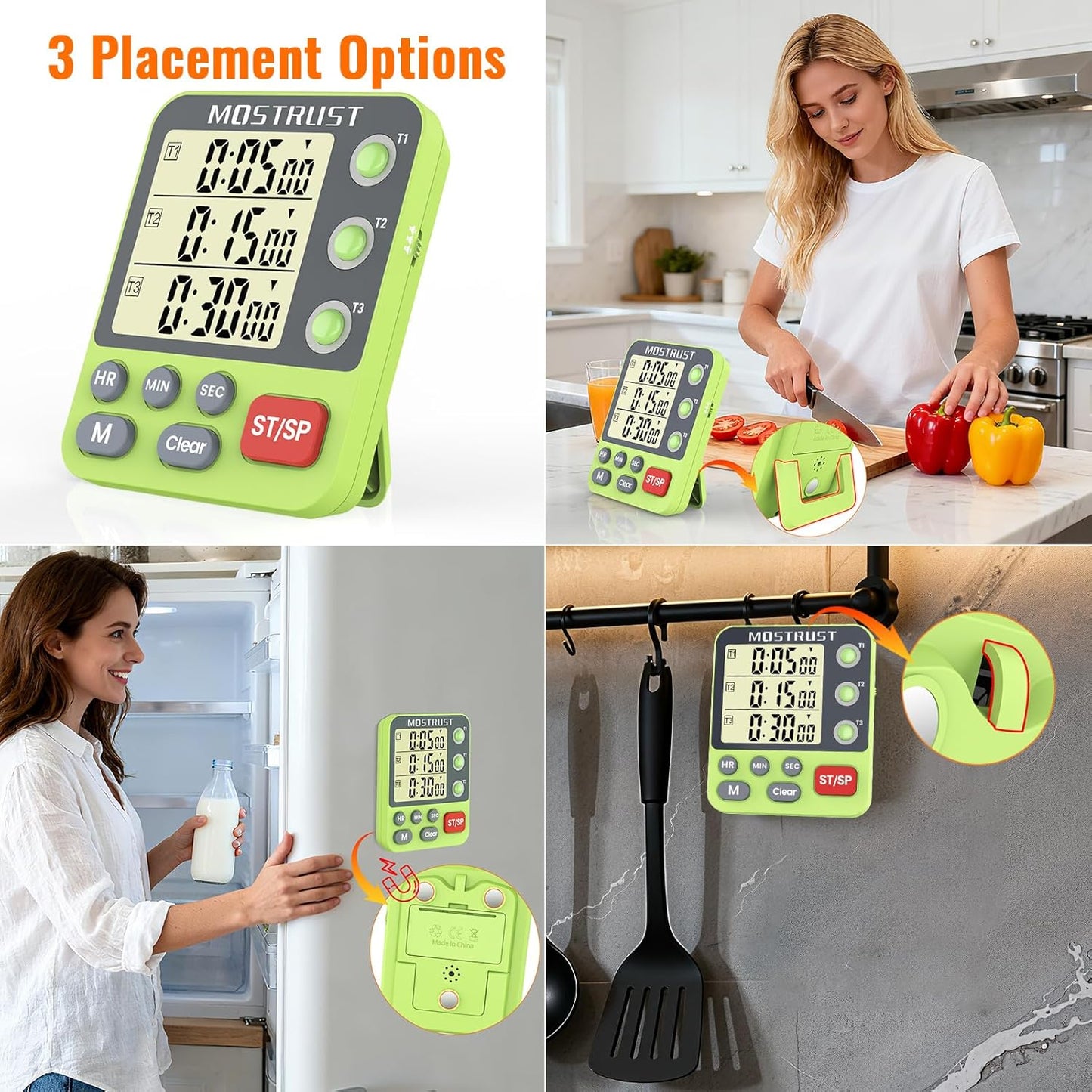 Digital Dual Kitchen Timer, 3 Channels Triple Countdown Timer for Cooking, Magnetic Memory-Preset Large Display Adjustable Volume, Multi Time Management, 3A Battery Included, Black