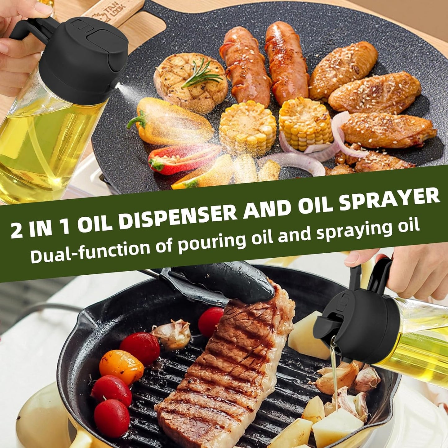PLAPITATE 17oz/500ml Premium Olive Oil Sprayer for Cooking, 2 in 1 Glass Olive Oil Dispenser Bottle for Kitchen Gadgets, Spray Bottle with Portion Control for Salad, Frying, BBQ (Black)