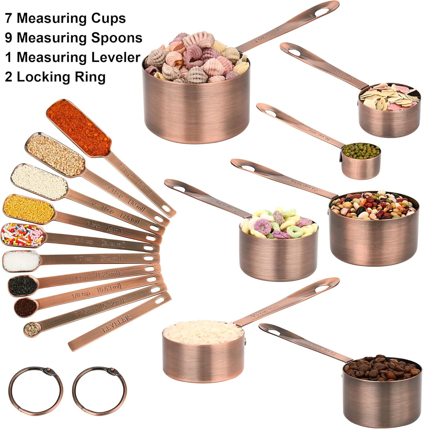 Copper Measuring Cups and Spoons Set, Stainless Steel Measuring Cups and Spoons Set 12, Metal Measuring Cups Set, 5 Measuring Cup Set and 6 Copper Measuring Spoons &Leveler for Kitchen