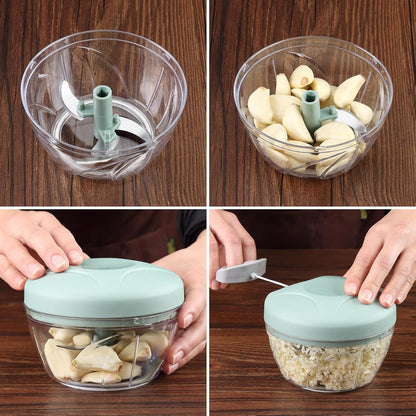 Hand Pull String Vegetable Chopper Food Processor - Garlic Mincer Onion Cutter for Ginger, Fruits, Nuts, Herbs (Green 500ml)