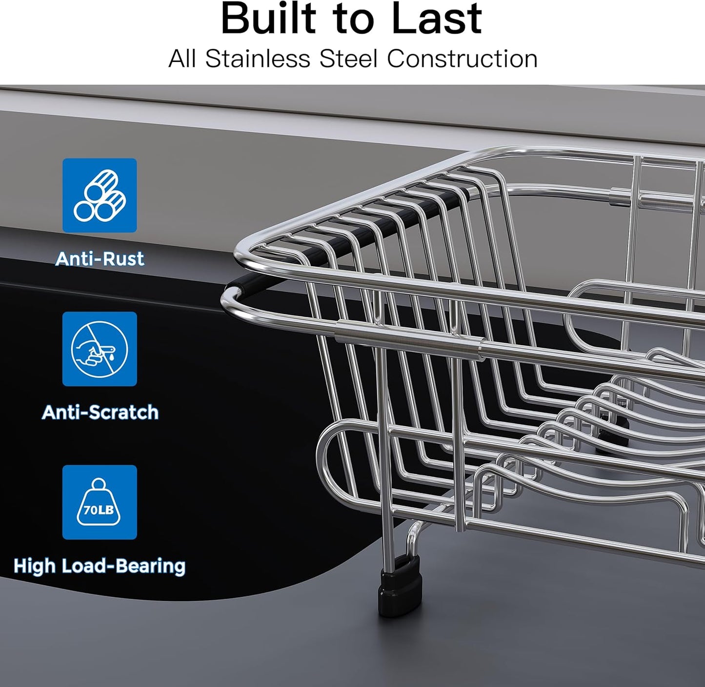 JASIWAY Roll Up Dish Drying Rack, Expandable (12.8"-23.8" D x 12.8" W) Stainless Steel Portable Drainer for Kitchen Sink Counter, Foldable Over The Sink Cover with Removable Utensil Holder