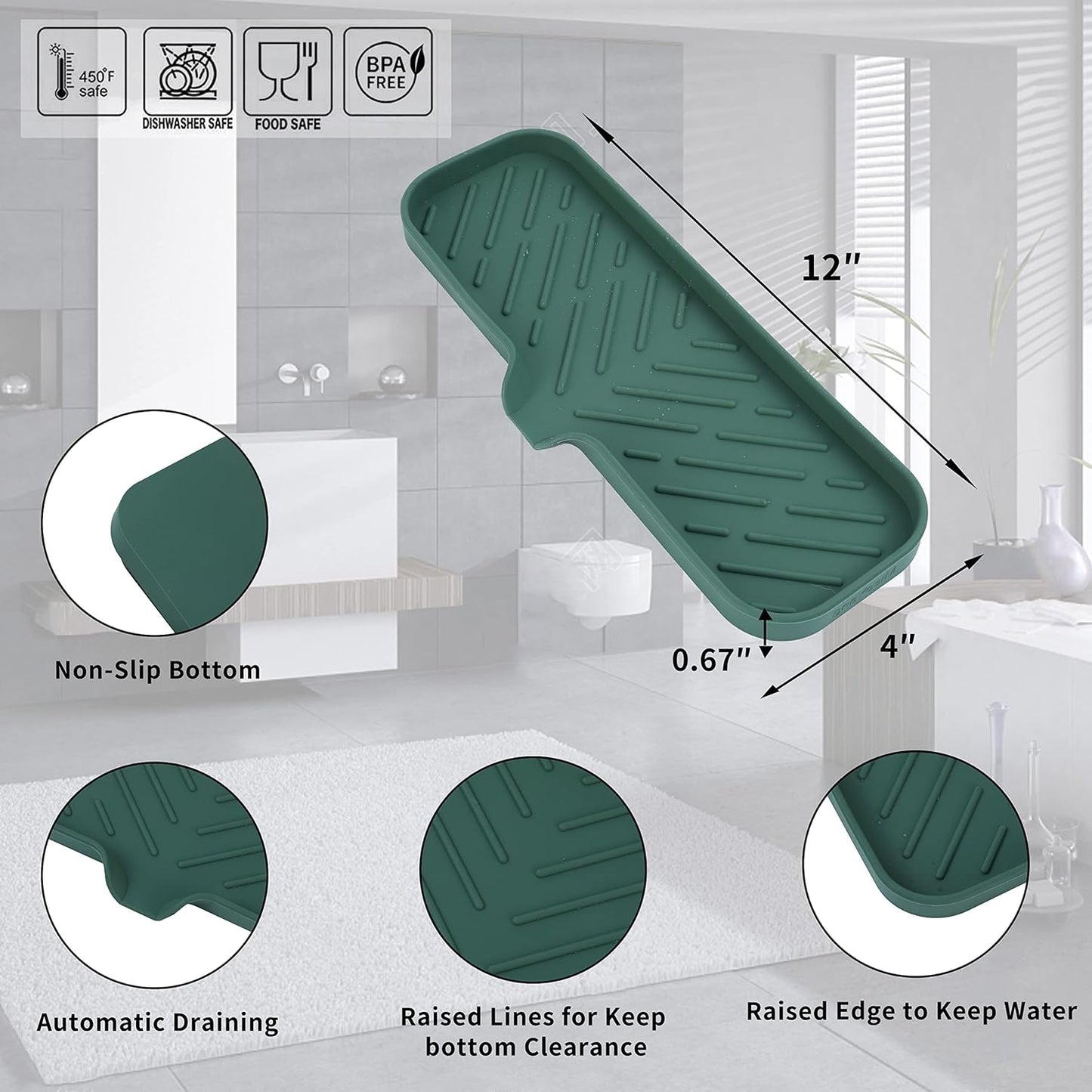 MicoYang Silicone Soap Dish with Drain Spout, Self-Draining Sink Organizer Tray for Bathroom and Kitchen, Sponges, Dispensers and Soap Holder, Non-Slip and Dishwasher Safe, Black (Compact, 4.9"×3.2")
