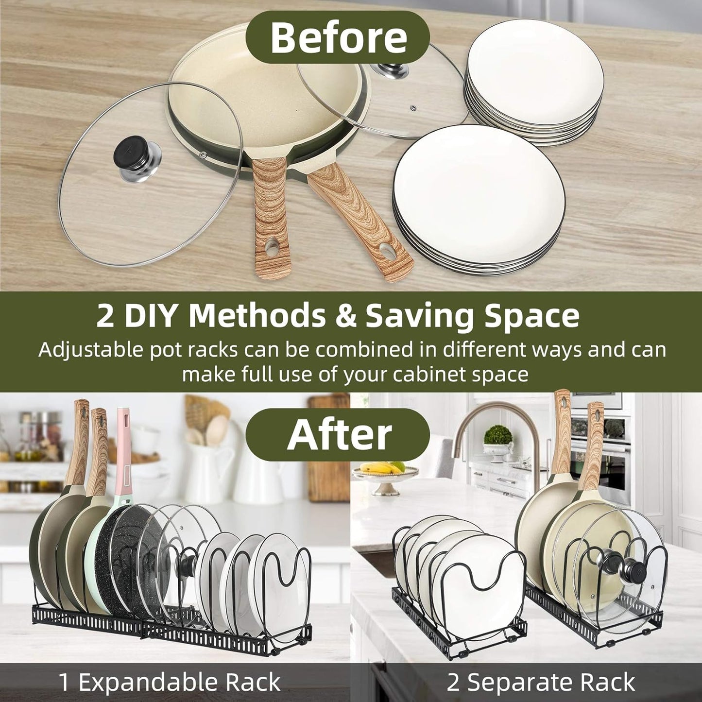 Pot Rack Organizer -Expandable Pot and Pan Organizer for Cabinet,Pot Lid Organizer Holder with 10 Adjustable Compartment for Kitchen Cabinet Cookware Baking Frying Rack,Bronze