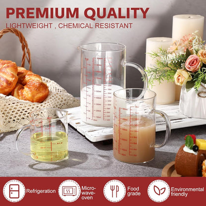 Lallisa 3 Pack High Borosilicate Glass Measuring Cups Set with Handle V Shaped Spout, 4, 2, 1 Cup 3 Scales (Oz, Cup, Ml) for Kitchen Restaurant Baking Cooking, Easy to Read, Clear(White Scale)