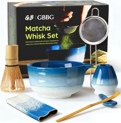 Matcha Whisk Set, Ceramic Matcha Kit Desert Style, Matcha Whisk and Bowl, Bamboo Scoop and Rest, Sifter and Tea Towel, 7 Pcs Gifts for Matcha Lover - Matte Black