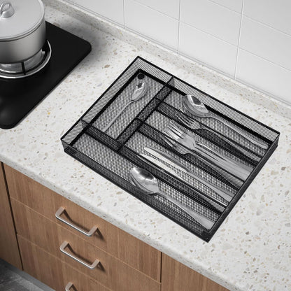 Neudeco Silverware Drawer Organizer - 5 Compartment Cutlery Tray with Non-Slip Feet, Mesh Wire Flatware Storage Divider for Kitchen, Bedroom, Living Room (Silver)