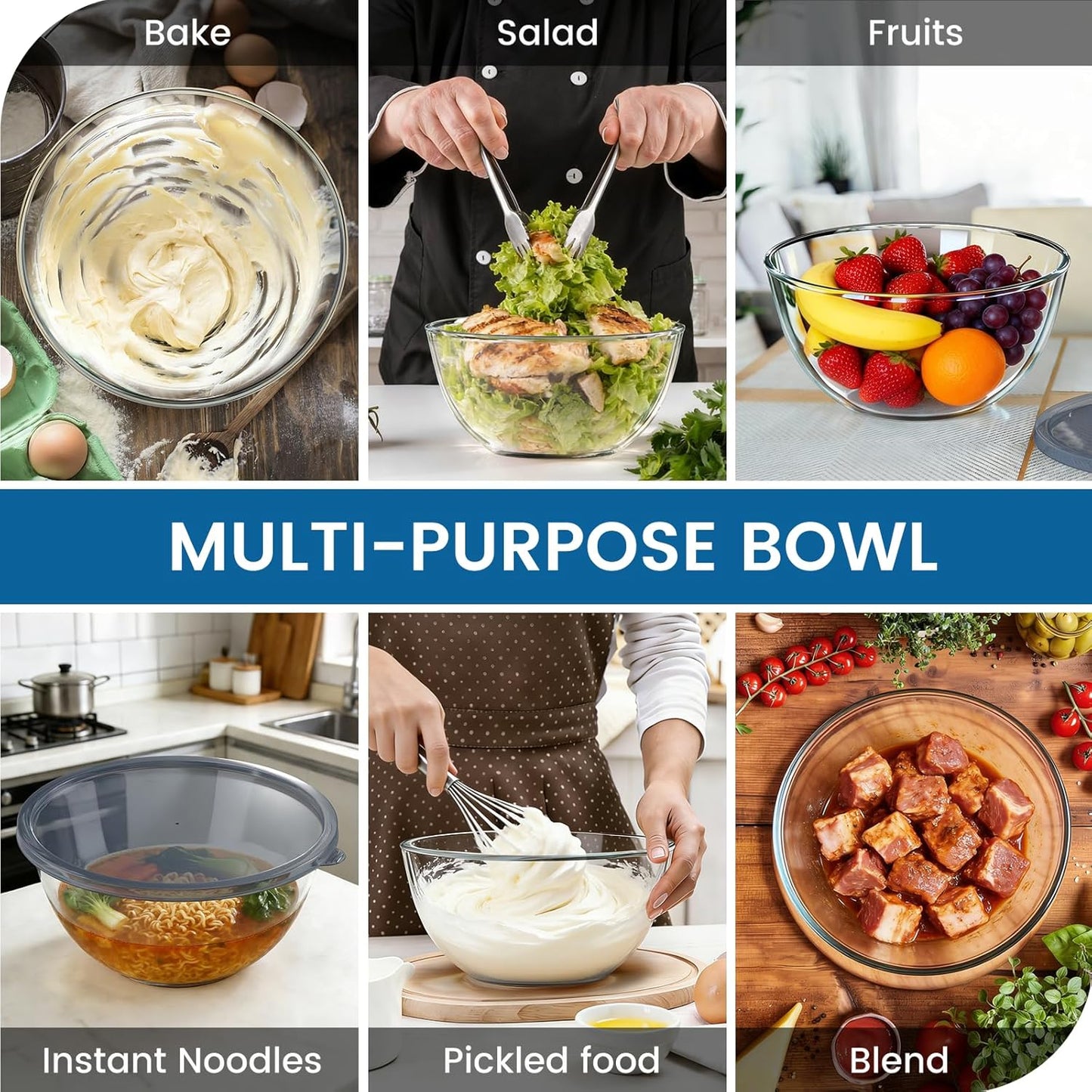 Large Glass Bowl for Sourdough Bread Making, 4.7 Quart Glass Mixing Bowl with Lid, Clear Glass Salad Cooking Bowl Kitchen Bread Salad Storage